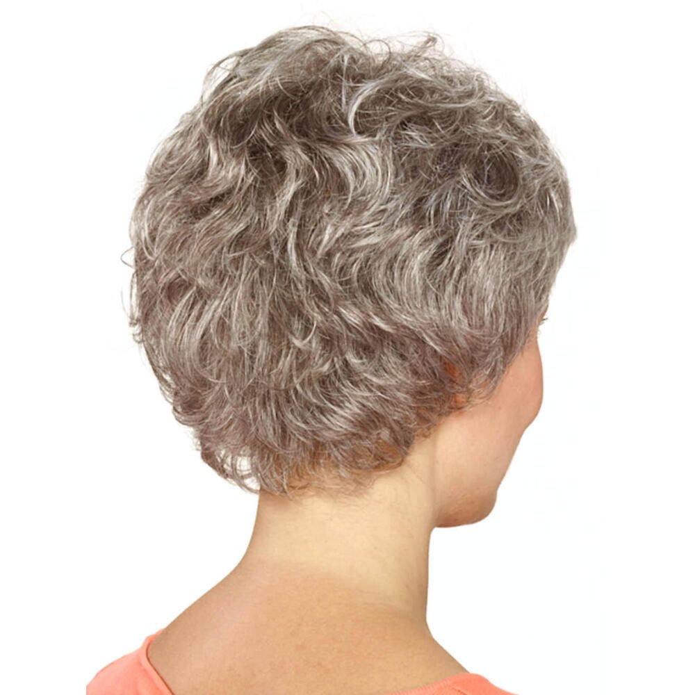 Kurzhaarperücke mit grauen Locken. Rückansicht.