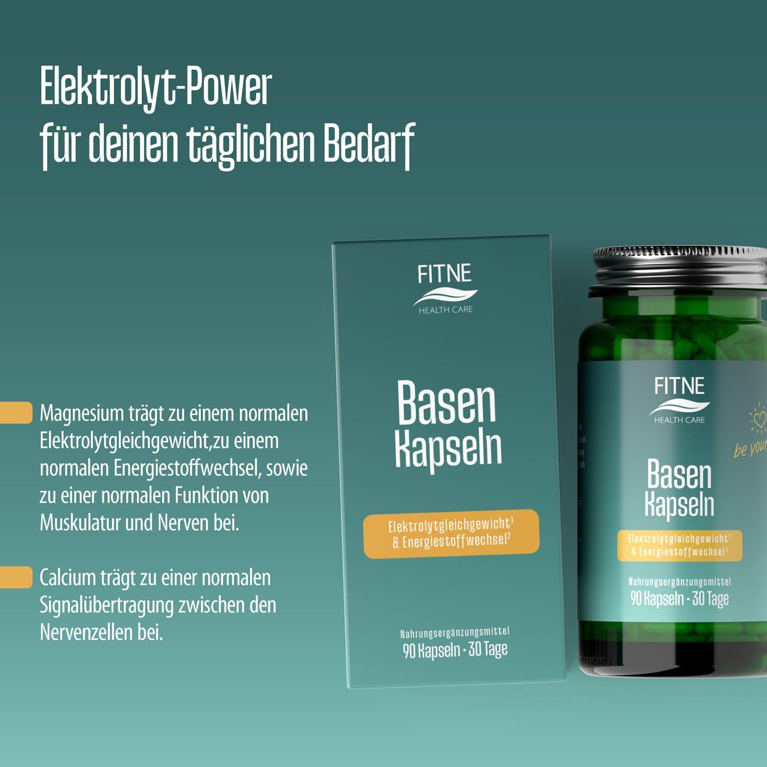 Grüne Schachtel und Glas mit Kapseln. Aufschrift: FITNE Basen Kapseln. Für Elektrolyt-Power. 90 Kapseln. 30 Tage.