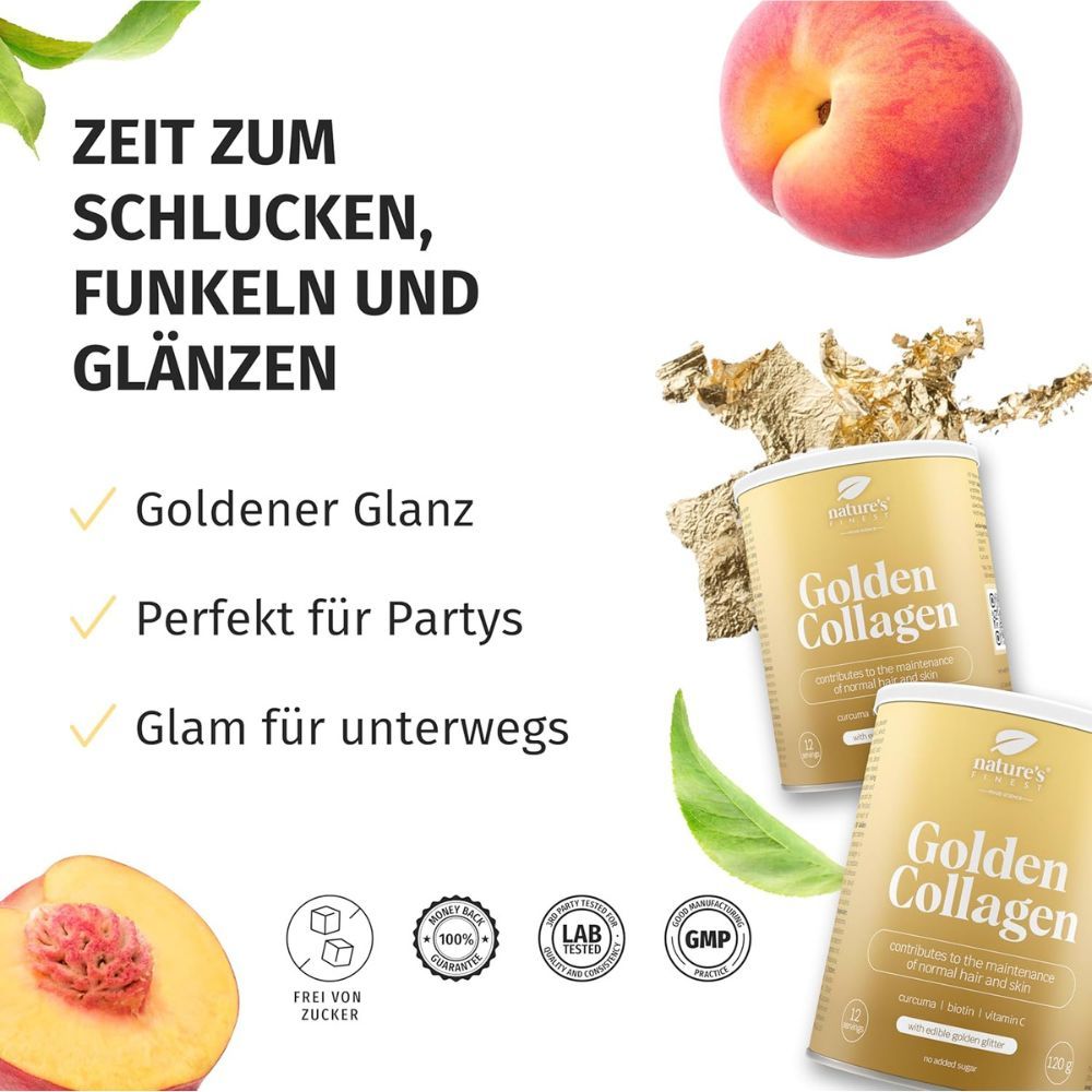 Zwei Dosen Golden Collagen, Pfirsiche, goldener Glanz. Frei von Zucker, 100% Reinheit, Lab-Zertifizierung, GMP.