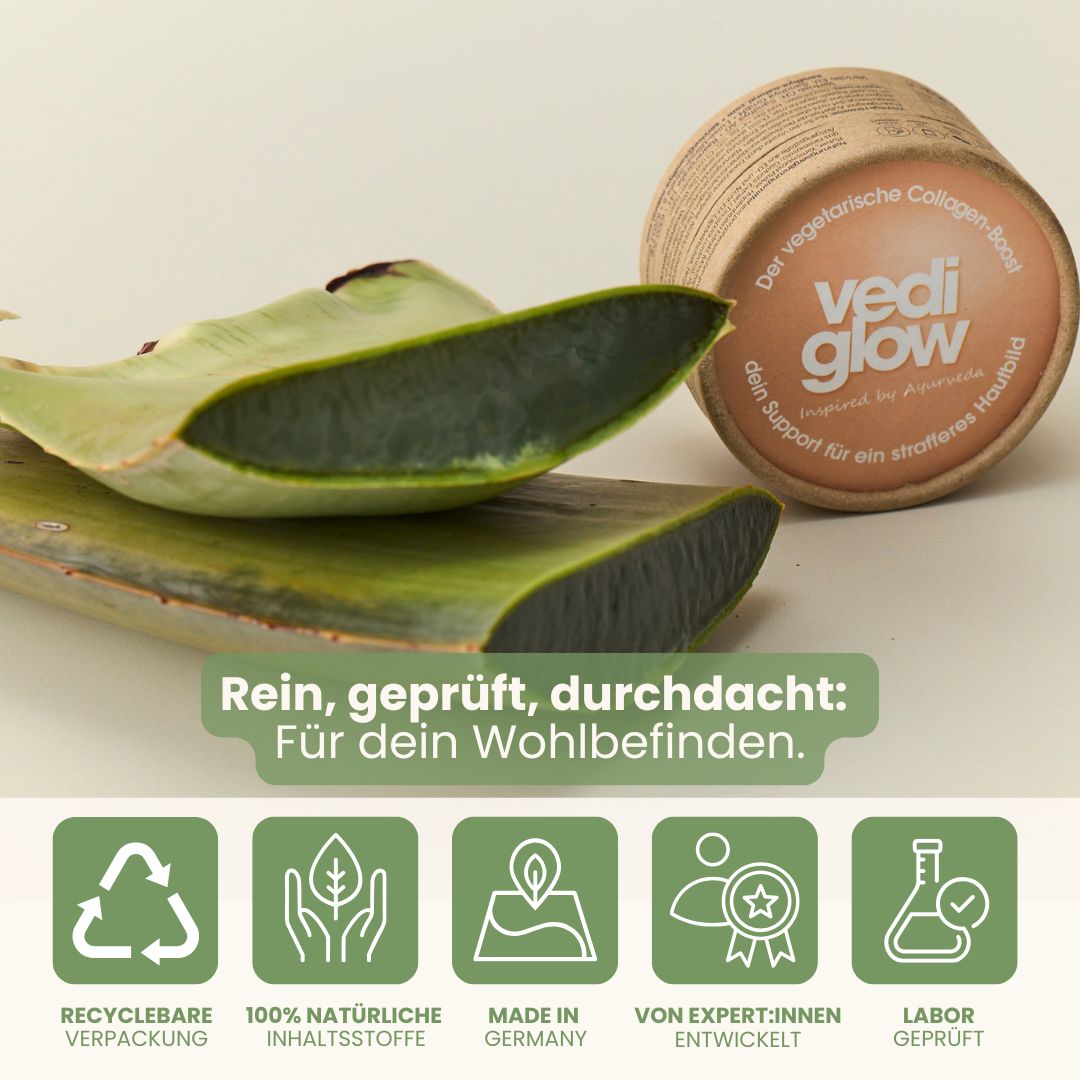 Aloe Vera Blätter und Dose. Text: Recyclebare Verpackung, 100% natürliche Inhaltsstoffe, Made in Germany, von Expert:innen entwickelt, Labor geprüft.