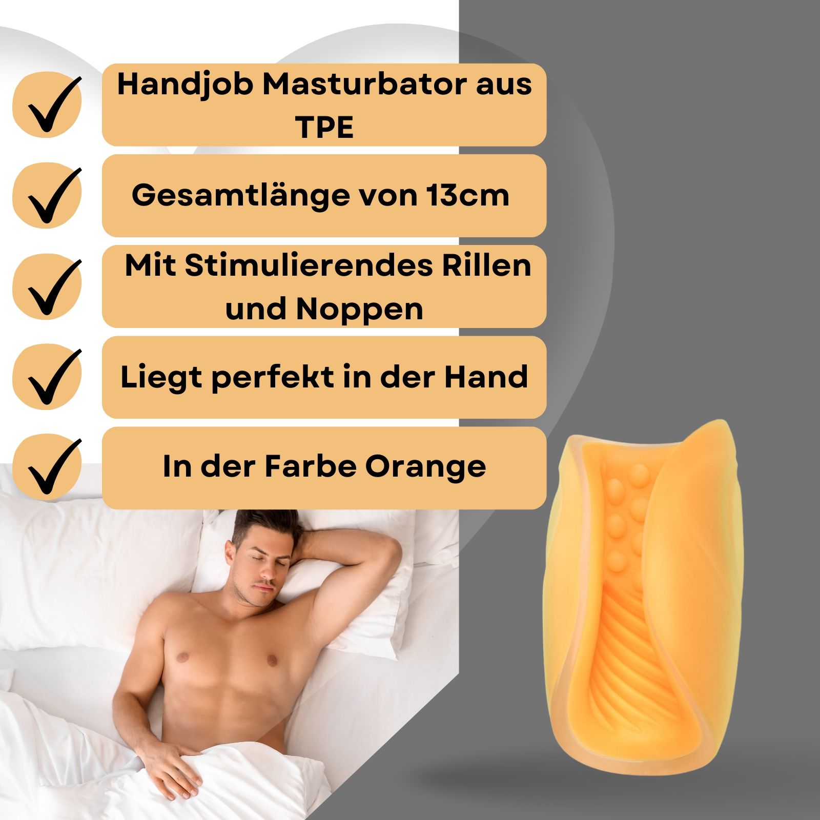 Orangefarbener Masturbator mit geriffelter Innenseite. Text: Handjob Masturbator aus TPE, 13cm, orange.