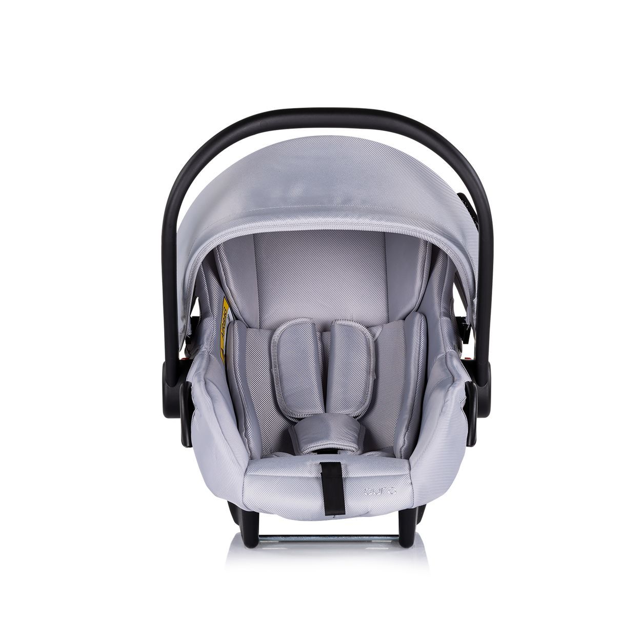 Baby-Autositzschale in Schwarz mit grauem Verdeck, Seitenansicht.