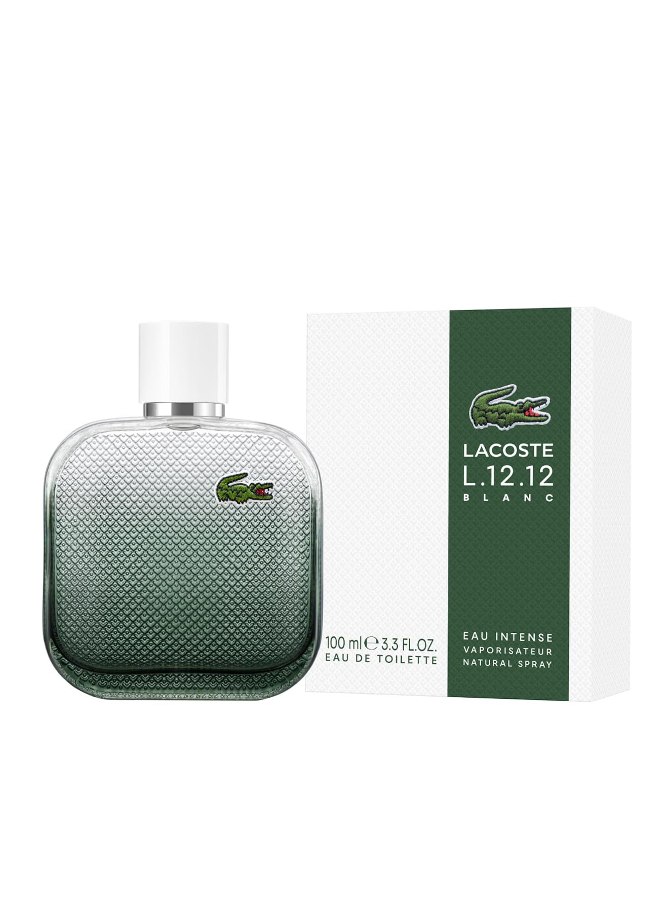 Flakon und Verpackung von Lacoste L.12.12 Blanc Eau Intense. Flakon mit grünem Farbverlauf und Krokodil-Logo. Verpackung mit Logo und Text.