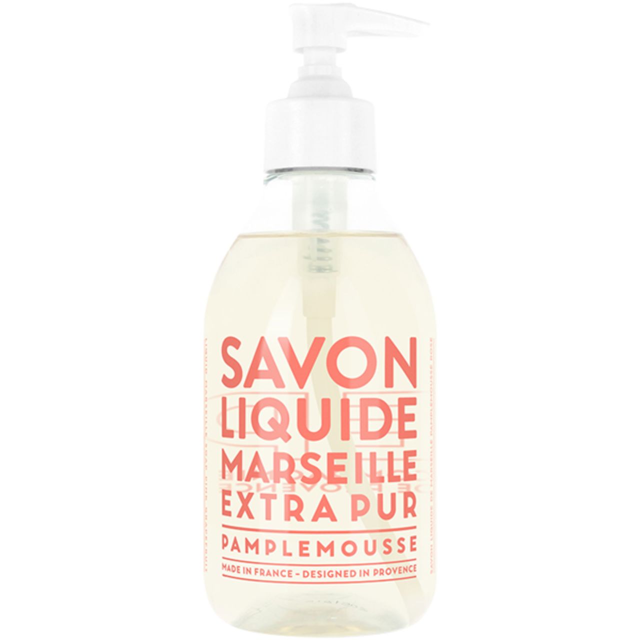Transparente Flasche mit rosa Aufschrift: Savon Liquide Marseille Extra Pur Pamplemousse. Weißer Spender.