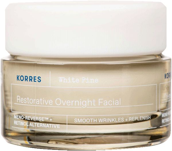 Glasbehälter mit weißem Deckel. Aufschrift: White Pine, Restorative Overnight Facial, Korres. Enthält 40 ml.
