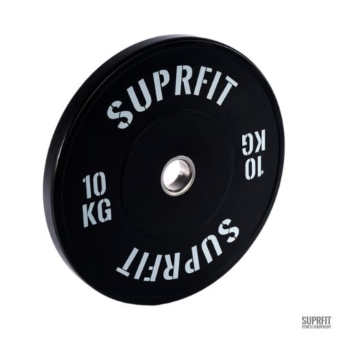 Schwarze Suprfit Econ Bumper Plate mit weißem Logo. Gewicht: 10 KG. Runde Form mit Loch in der Mitte.