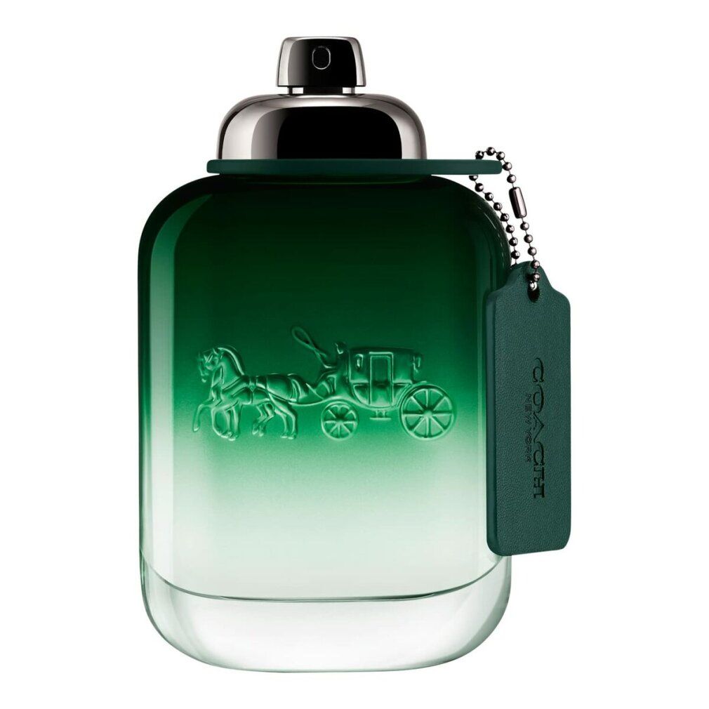 Grüner Coach Eau de Toilette Flakon mit Pferdekutschen-Prägung und Anhänger.
