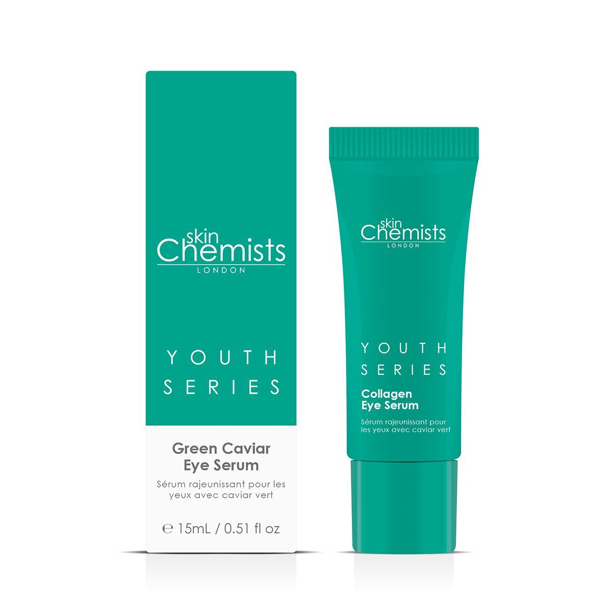 Grüne Tube und Schachtel mit "skinChemists" und "Green Caviar Eye Serum"-Logo. Text: "Youth Series".