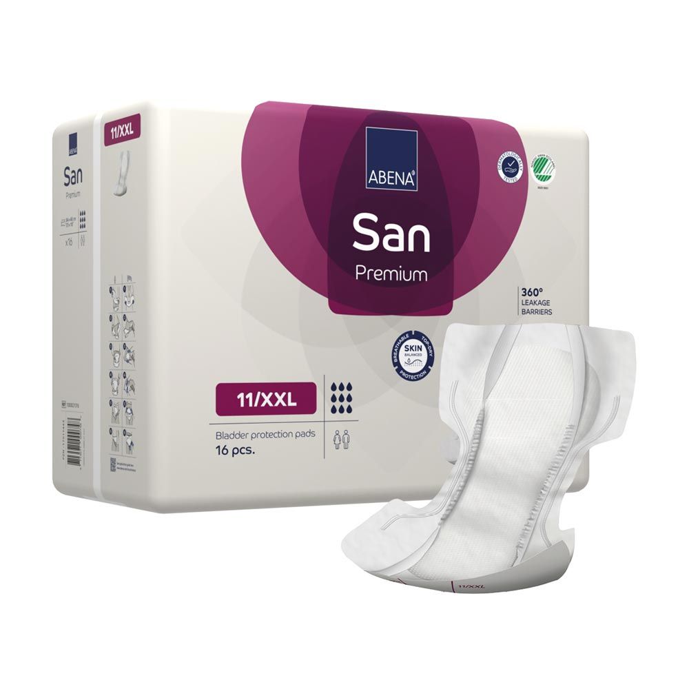 Verpackung ABENA San Premium Vorlagen. Aufdruck: San Premium, 11/XXL, 16 Stück, Hautfreundlich-Siegel. Einzelne Vorlage daneben.