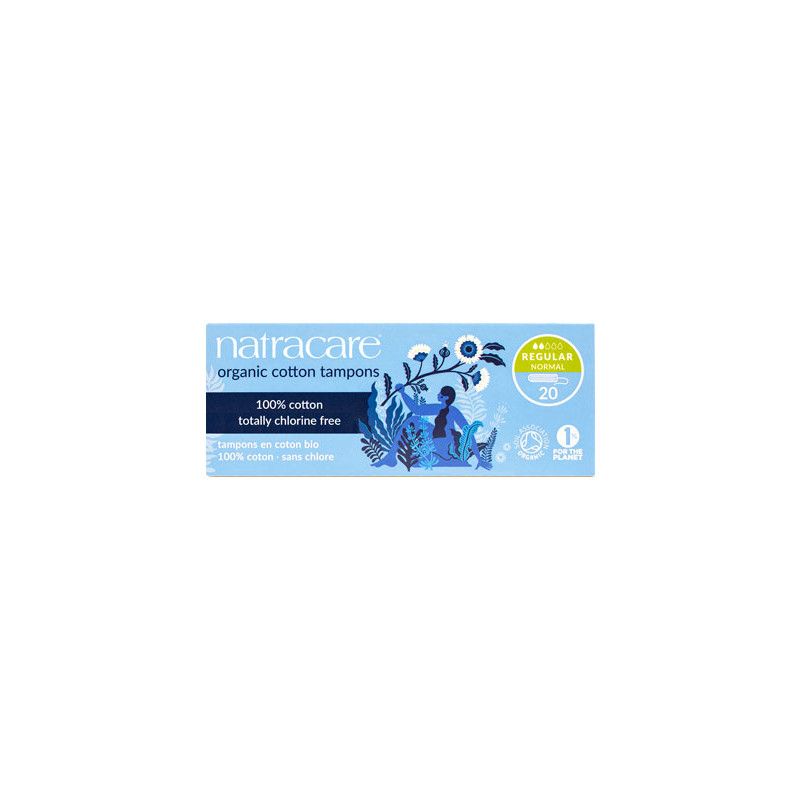 Natracare Tampons Normal, Packung mit 20. Blaue Verpackung mit Illustration und Produktinformationen.