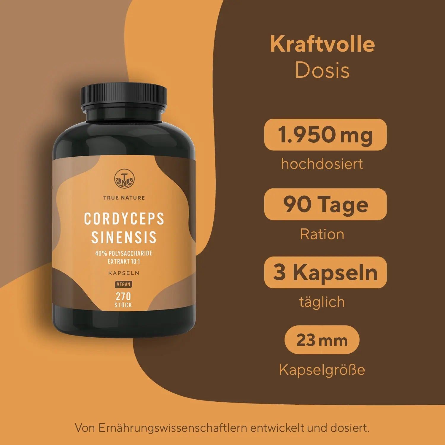 True Nature® Cordyceps Sinensis Kapseln 10:1 Extrakt - Vegan & Made in Germany 3x270 St