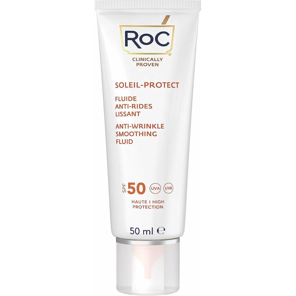Weiße Tube RoC Soleil-Protect Fluid. Text, SPF 50. 50 ml.