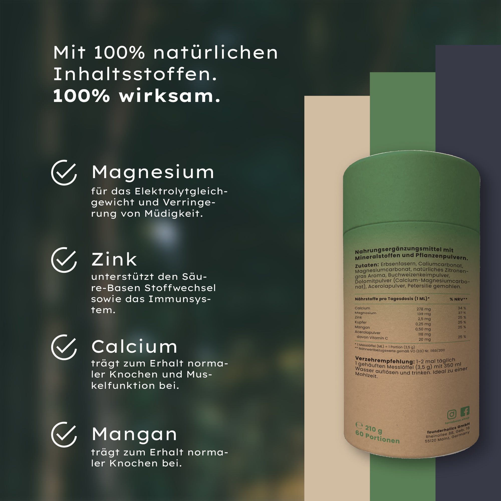 Zylindrische Dose mit Produktinformationen. Text: Inhaltsstoffe, Magnesium, Zink, Calcium, Mangan. Nährwertangaben und Portionsgröße.