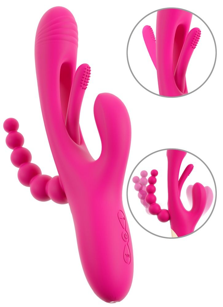 Pinkfarbener Vibrator mit drei Stimulationselementen und einer Reihe von Kugeln. Detailansichten zeigen die Textur und Form.