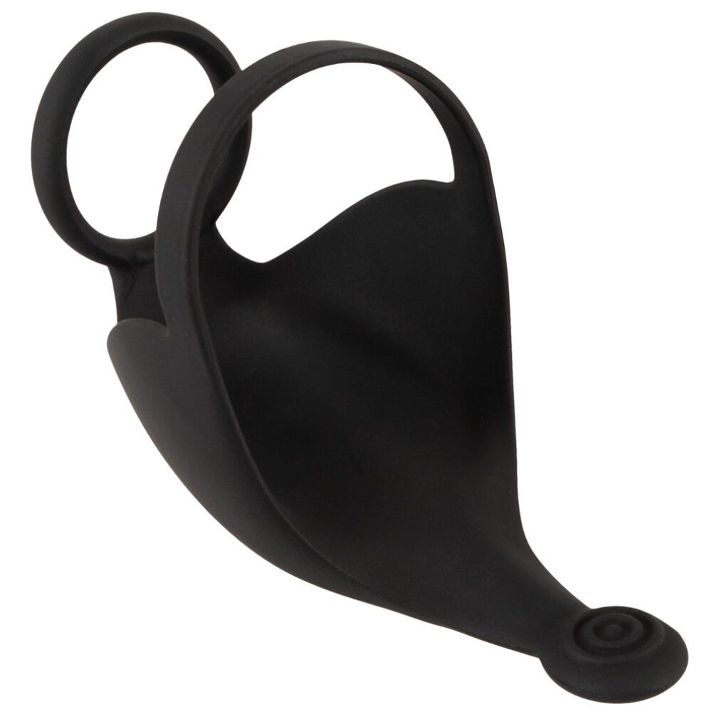 Schwarzer Penis- und Hodenring. Zwei Ringe und Vibrator-Einheit. Runde Form.