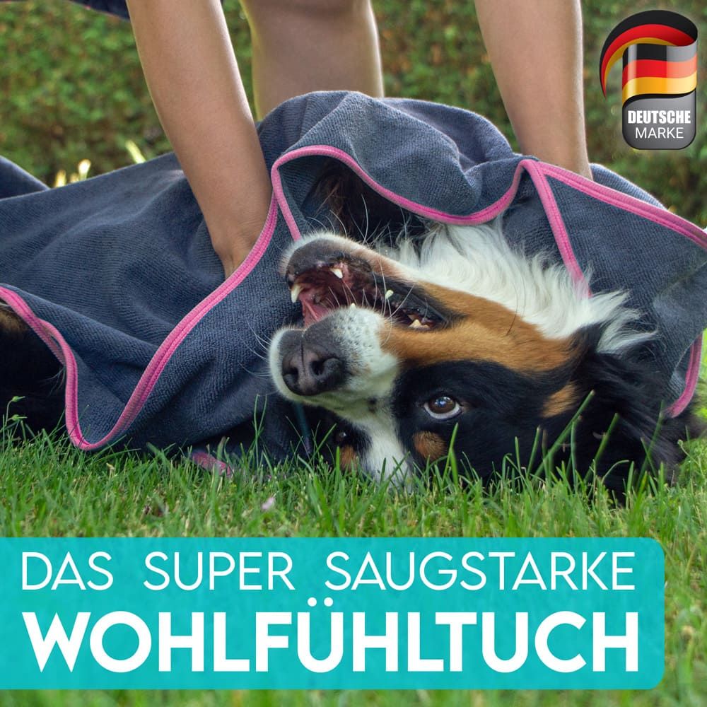 Hund wird mit grauem Handtuch abgetrocknet. Text: Das super saugstarke Wohlfühltuch. Deutsche Marke.
