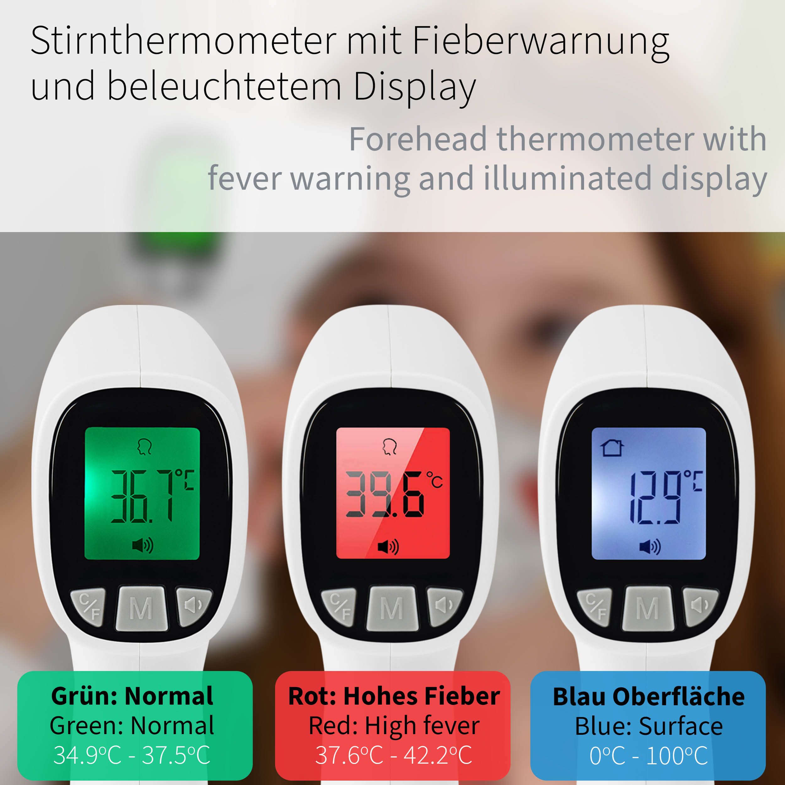 Drei Infrarot-Thermometer zeigen Normaltemperatur (grün), Fieber (rot) und Oberfläche (blau).