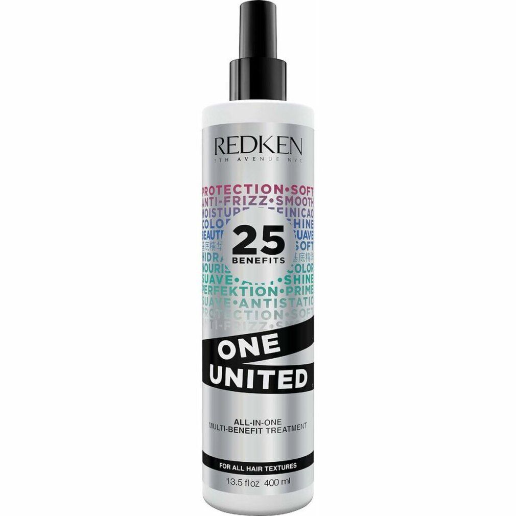 Zylindrische Flasche mit Sprühkopf. Aufschrift: Redken, One United, 25 Benefits. Silberne und schwarze Etiketten.