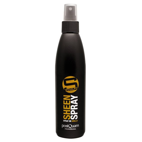 Schwarze Sprühflasche mit gelbem Schriftzug SHEEN SPRAY. Darunter steht SPRAY DE BRILLO und postQuam PROFESSIONAL.