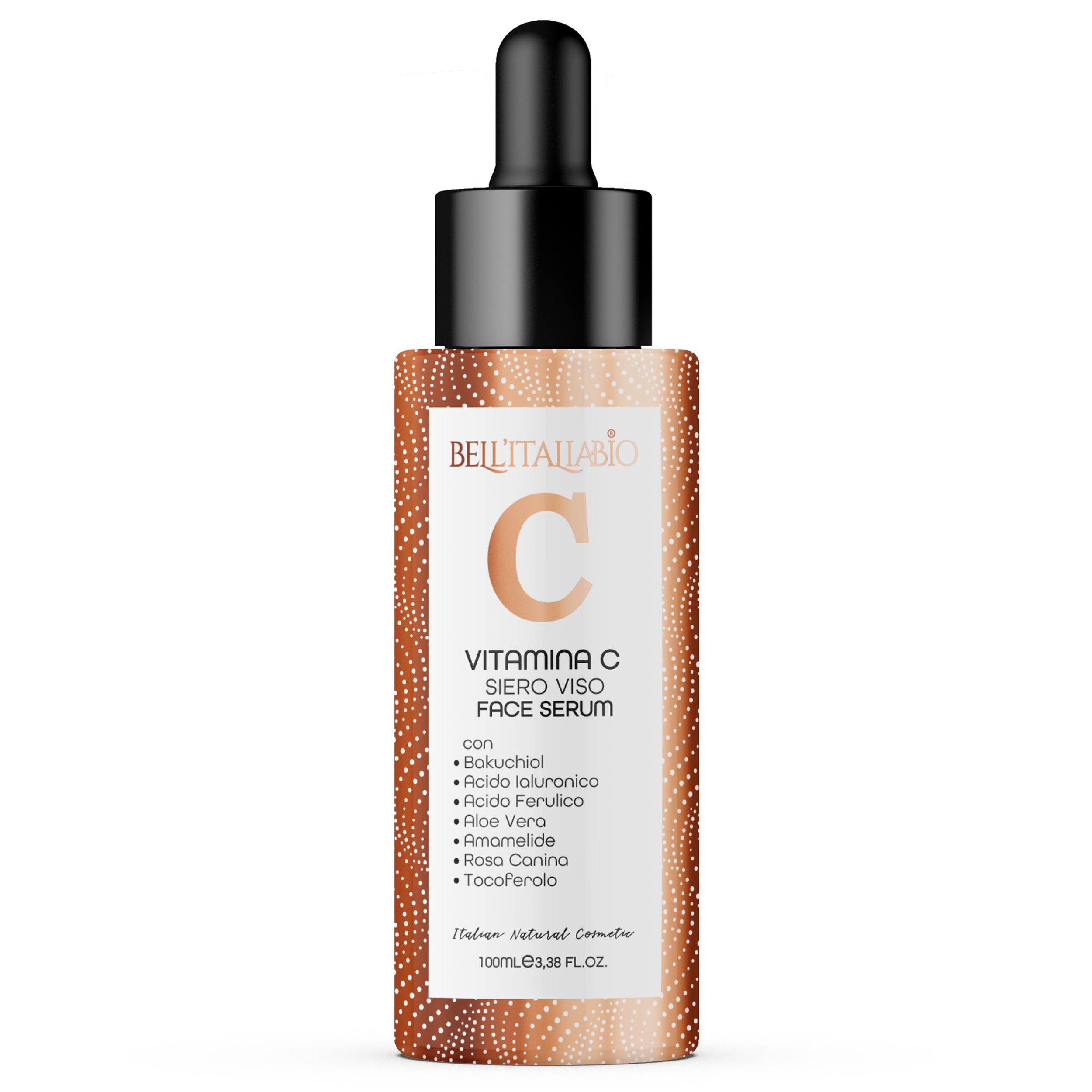 Serumflasche mit Tropfer. Text: Vitamin C Serum, Inhaltsstoffe, 100ml. Logo: BellItaliabio. Hintergrund: gepunktet.