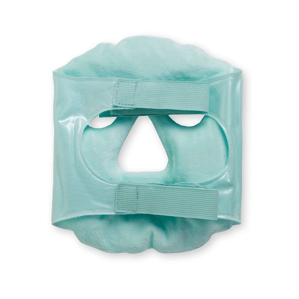 Grüne Gesichtsmaske, Innenseite. Wiederverwendbar, mit Klettverschlüssen. Augen- und Mundöffnungen.