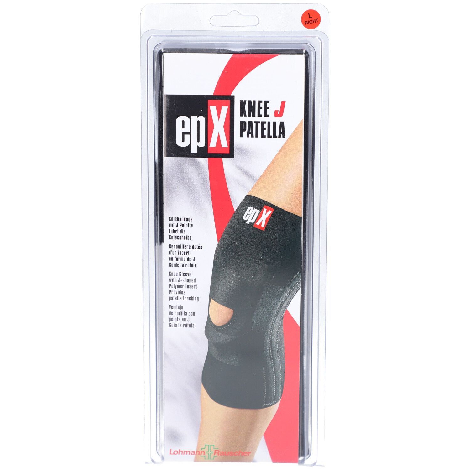 Kniebandage EPX, schwarz, mit Patella-Aussparung. In Verpackung. Größe L.