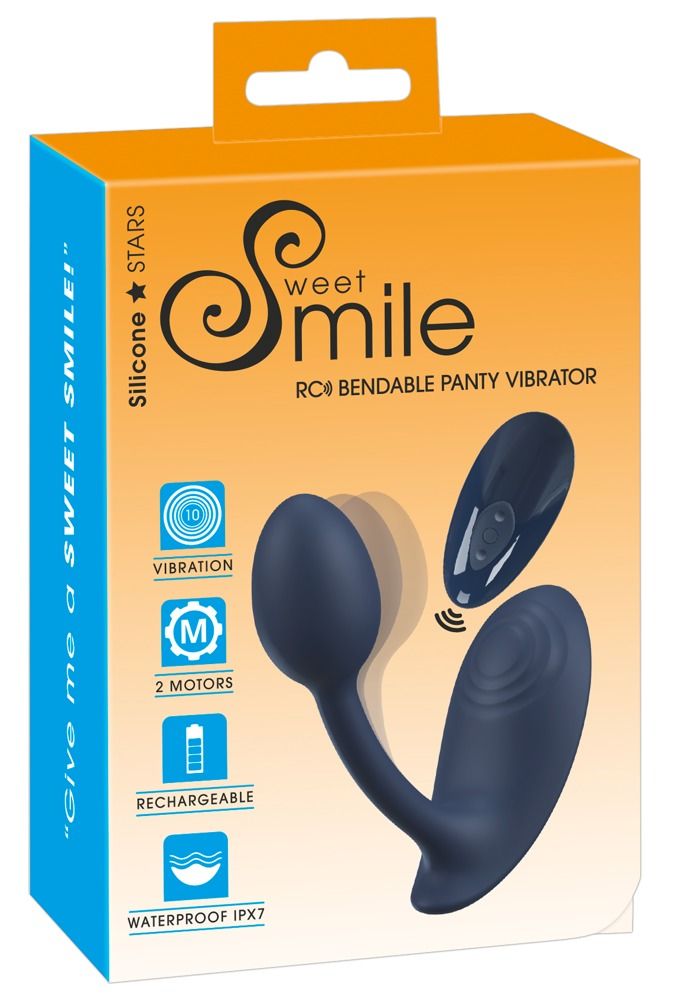 Verpackung von Sweet Smile Bendable Panty Vibrator. Produkt und Fernbedienung abgebildet. Text: 10 Vibrationen, 2 Motoren.