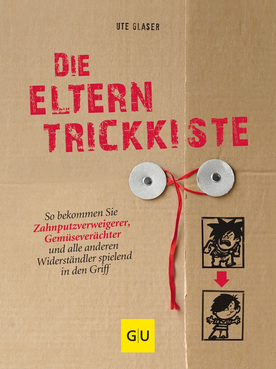 Buchcover mit Titel "Die Eltern Trickkiste". Auf braunem Hintergrund roter Titel, Illustrationen und Text. Verlag GU.