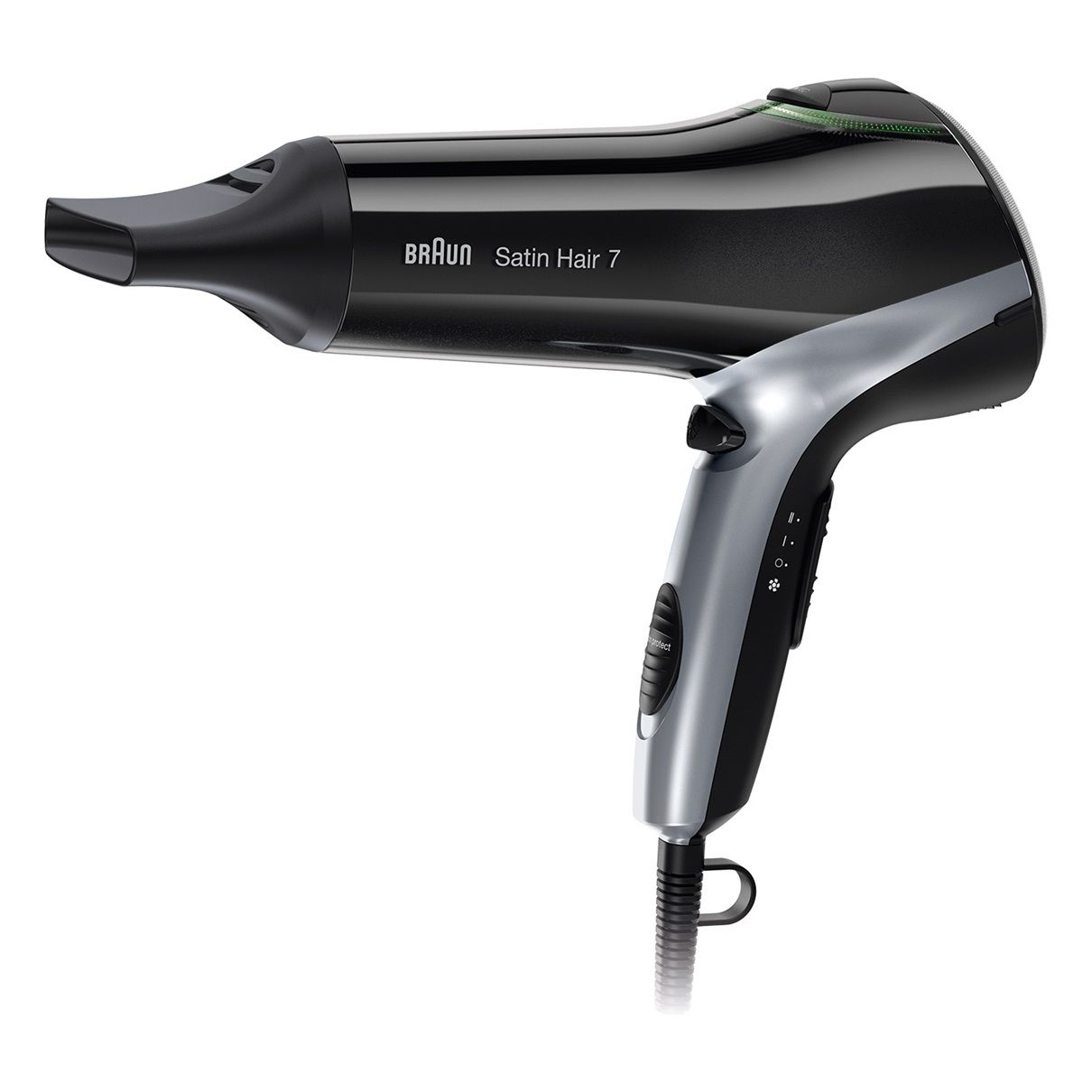 Haartrockner Braun Satin Hair 7, schwarz-silber. Düse, Griff mit Bedienelementen. Kabelanschluss unten.