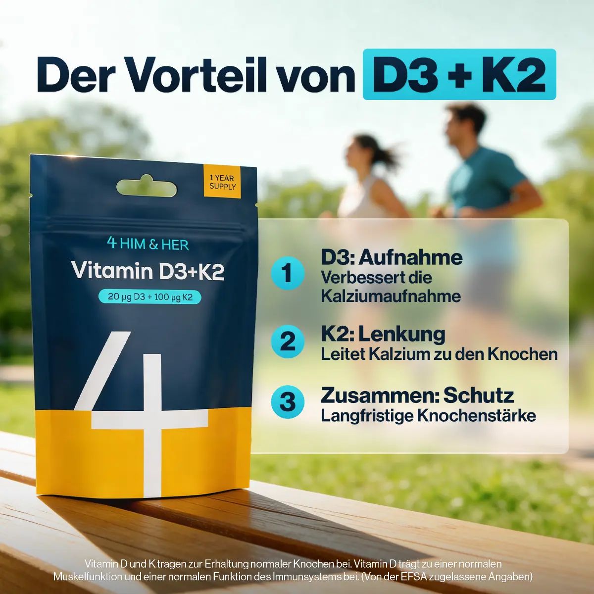 Verpackung Vitamin D3+K2 auf einer Holzbank. Läufer im Hintergrund. Erläutert Vorteile.