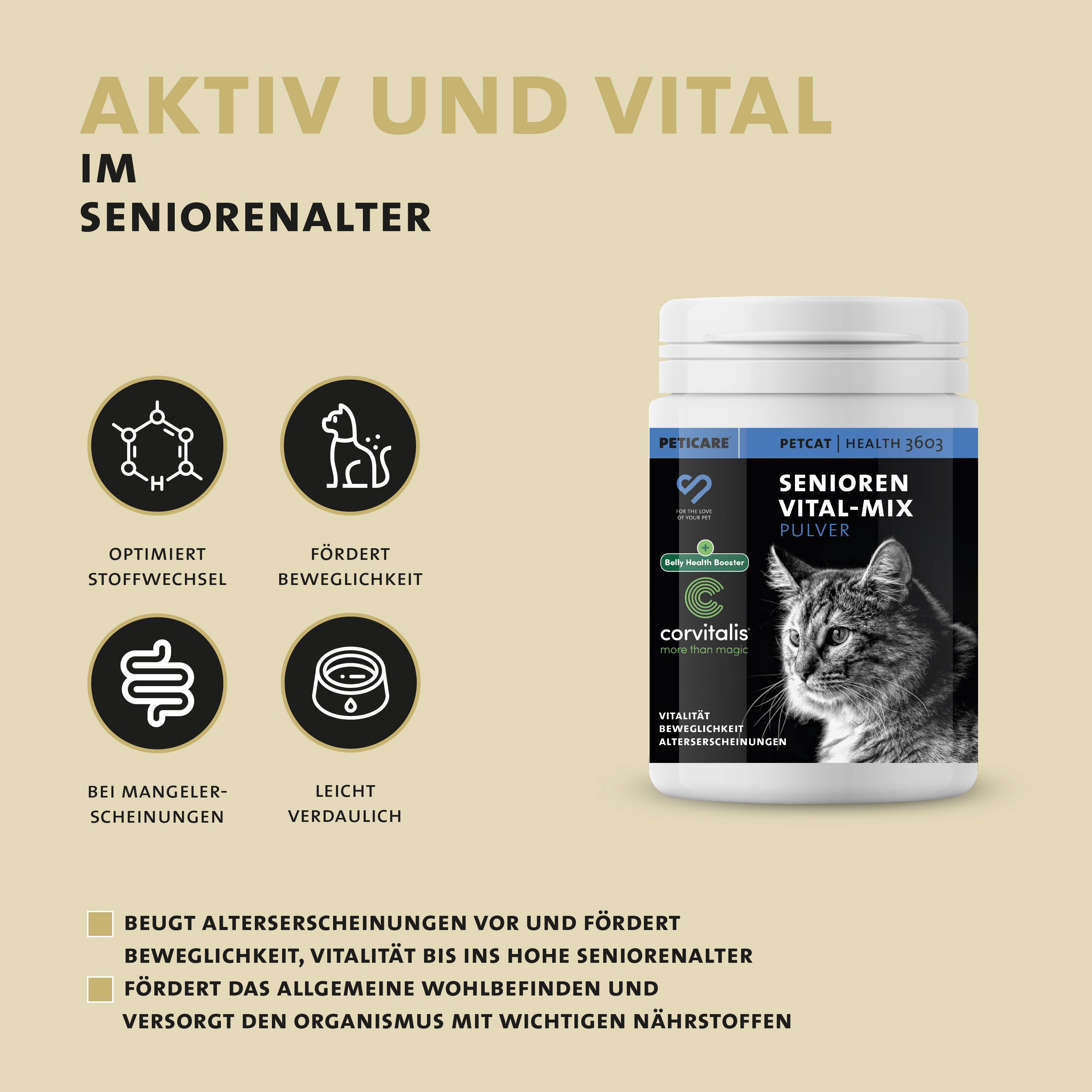 Dose mit Peticare-Logo. Text: Senioren Vital-Mix Pulver. Optimiert Stoffwechsel. Fördert Beweglichkeit.