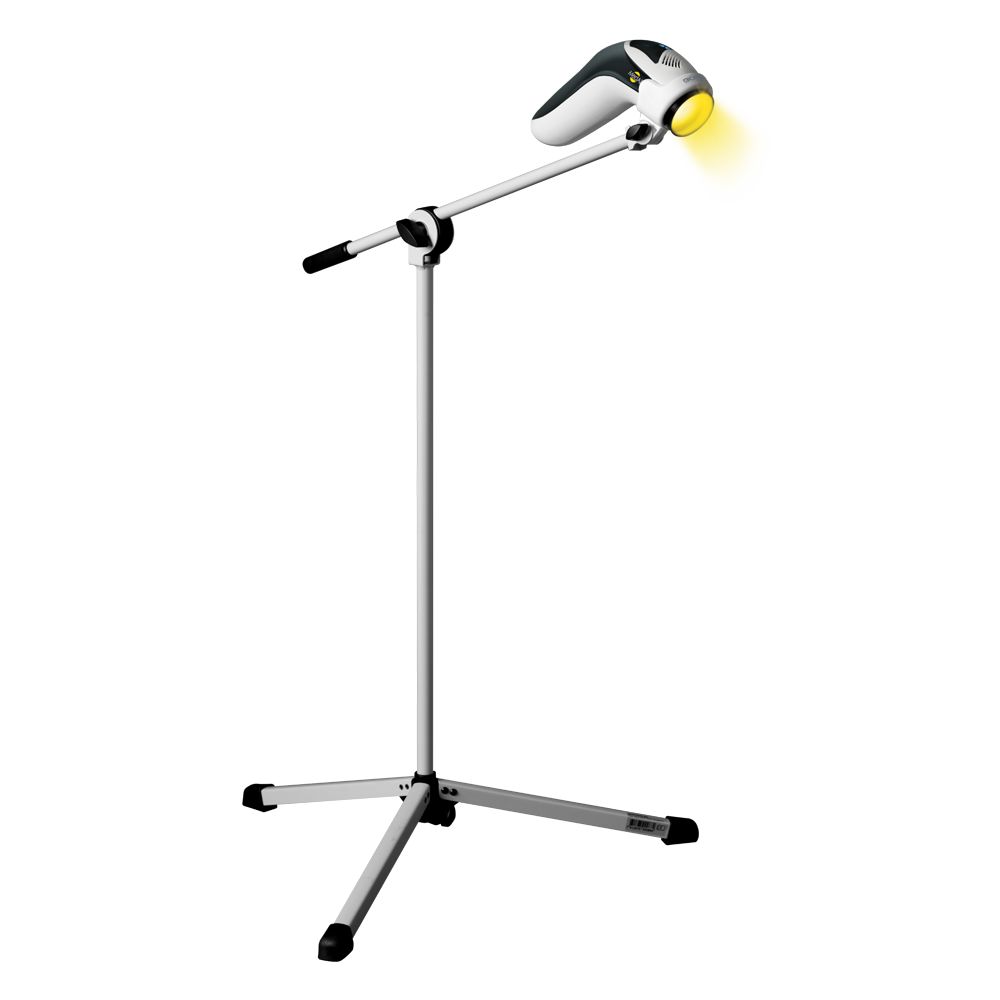 Medizinprodukt mit Bodenstativ. Weiß-graues Gerät mit gelbem Licht. Dreibeiniges Stativ.