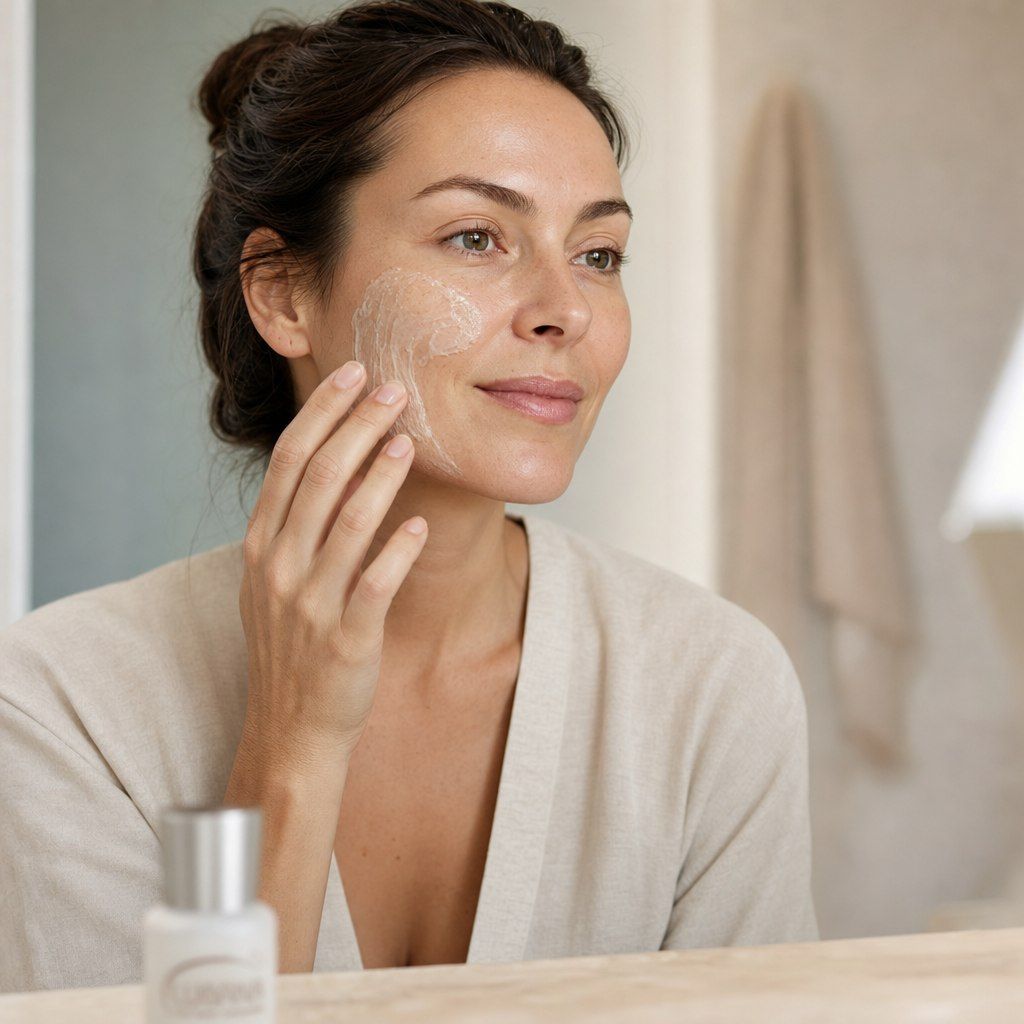 Frau trägt ein Peeling auf ihr Gesicht auf, mit einem Fläschchen im Vordergrund.