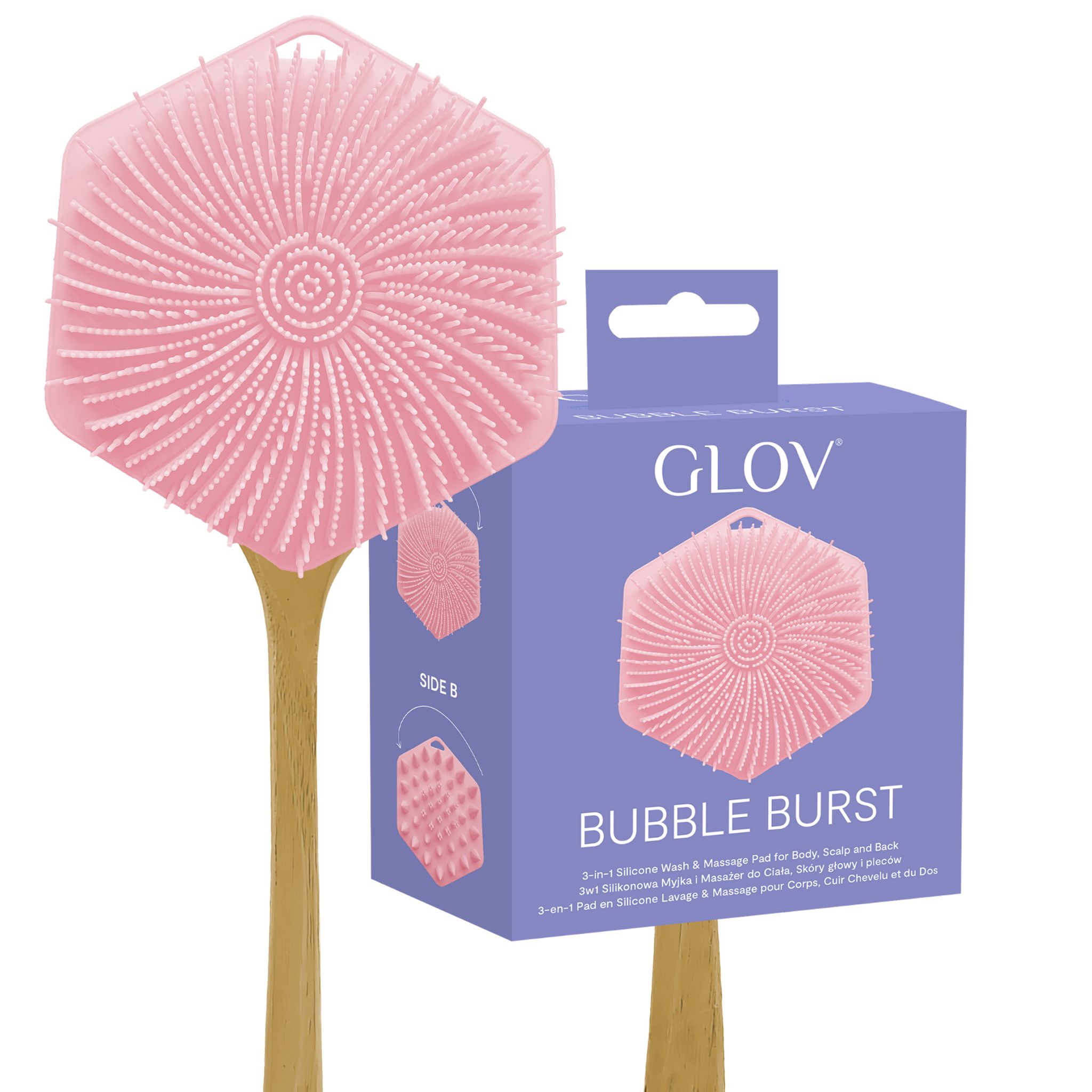 Rosa Silikon-Bürste mit Holzgriff und Verpackung.