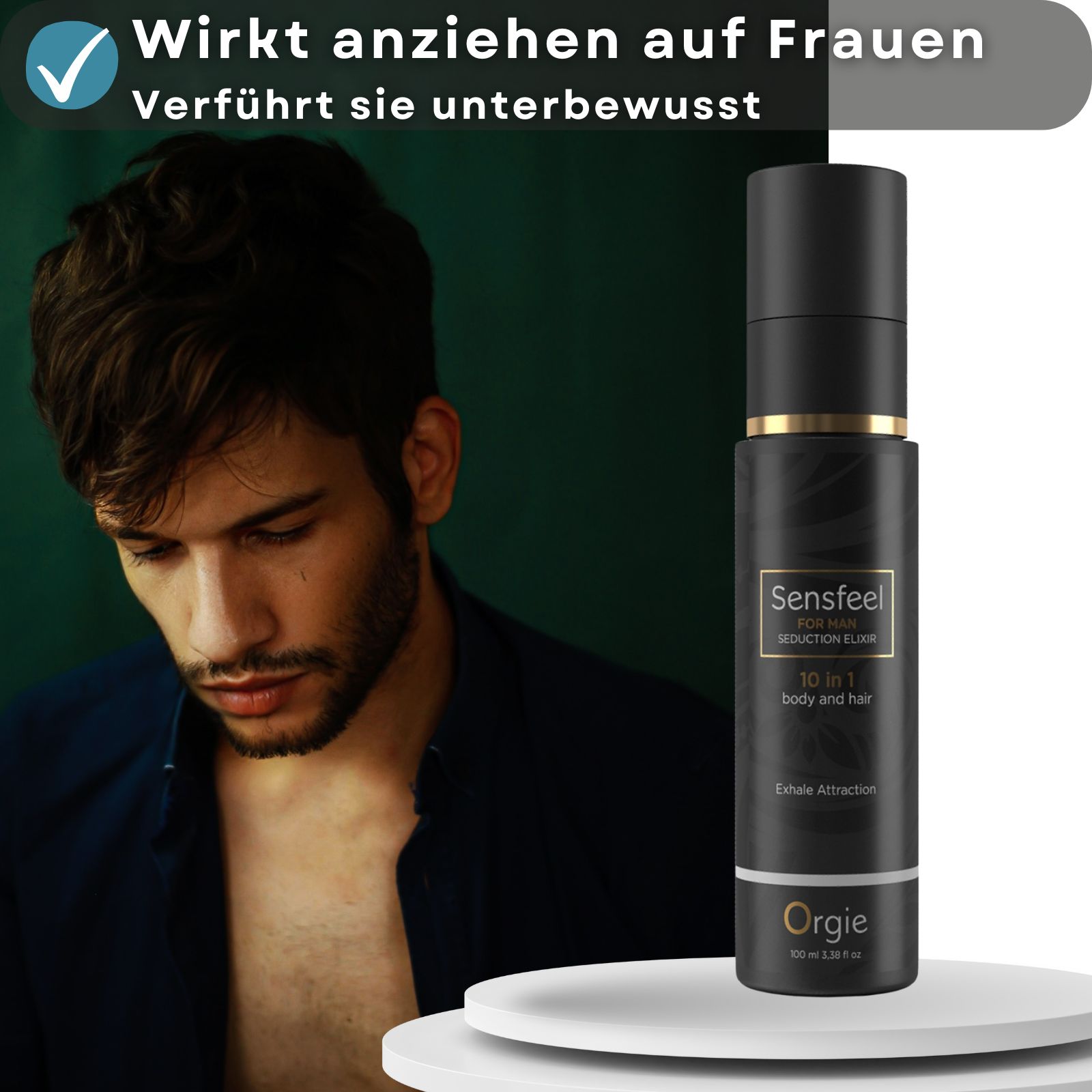 Produkt und Mann im Hintergrund. Text: Wirkt anziehend auf Frauen. Schwarze Flasche mit goldfarbenen Akzenten.