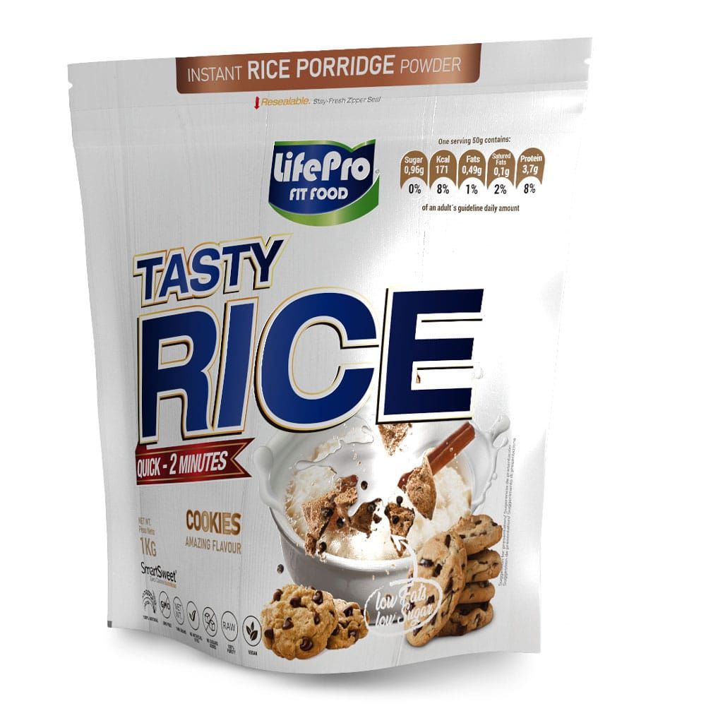 Beutel Reiscreme Life Pro. Aufschrift: Tasty Rice, Cookies. Abbildung von Reisbrei mit Keksen. Aufschrift: Instant Rice Porridge Powder.