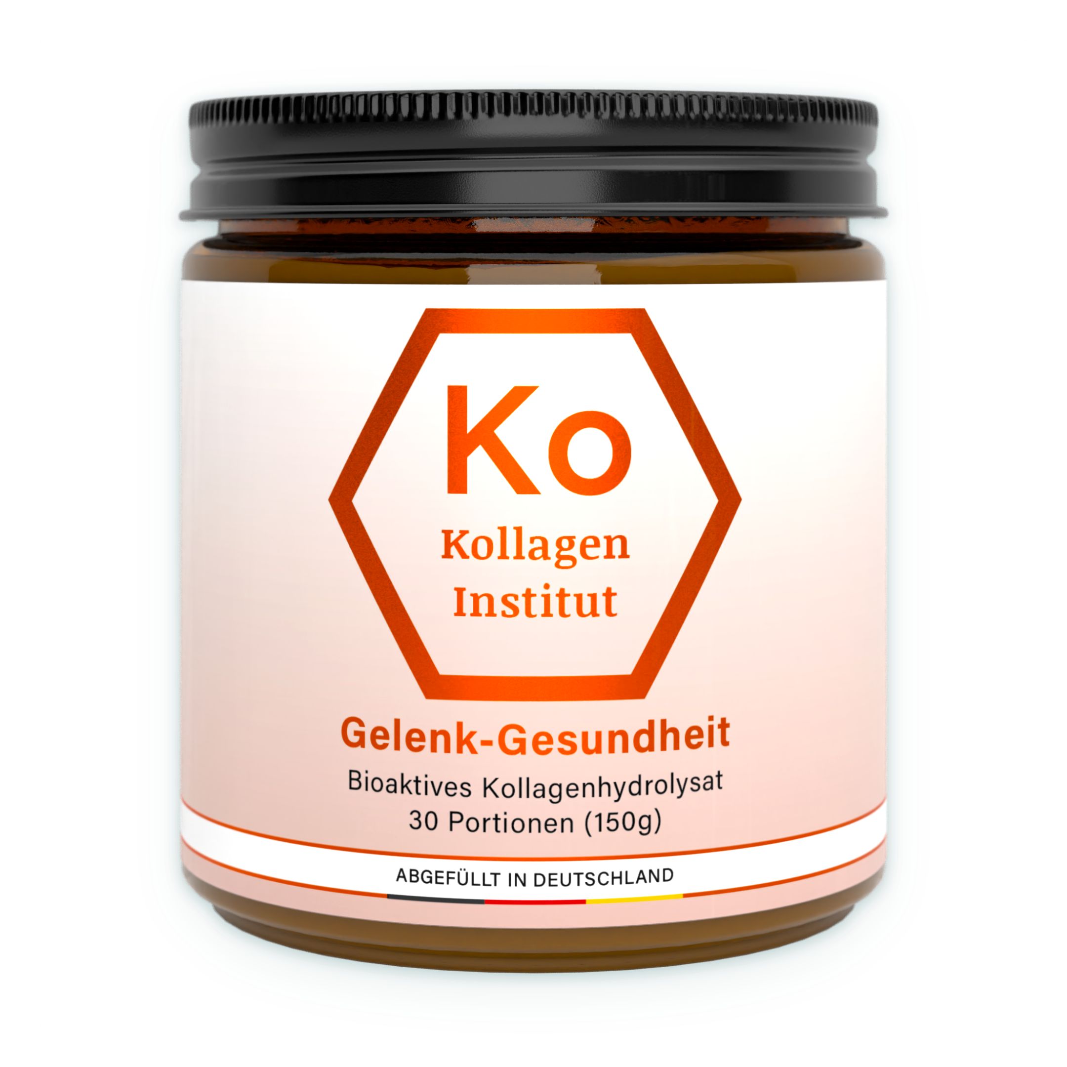 Braunes Glas mit weißem Etikett und orangefarbenem Hexagon-Logo. Enthält Kollagenpulver.