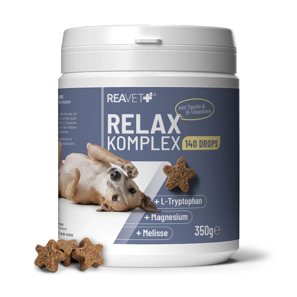 ReaVET Relax Komplex Drops Dose. Text: Relax Komplex 140 Drops. Mit Taurin & B-Vitaminen. + L-Tryptophan, + Magnesium, + Melisse. 350g.