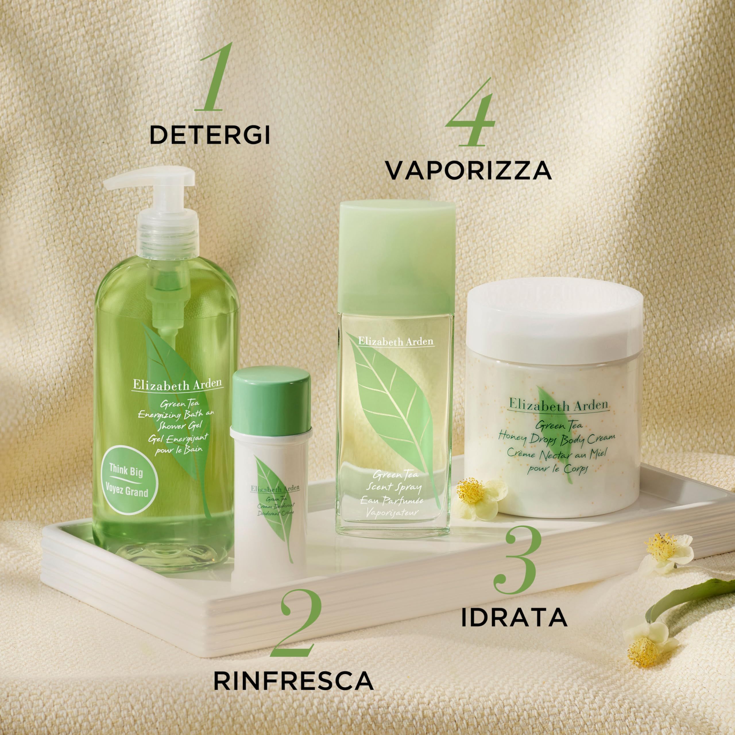 Produktpräsentation mit vier Elizabeth Arden Green Tea Produkten. Gezeigt: Duschgel, Deodorant, Duft und Body Cream.