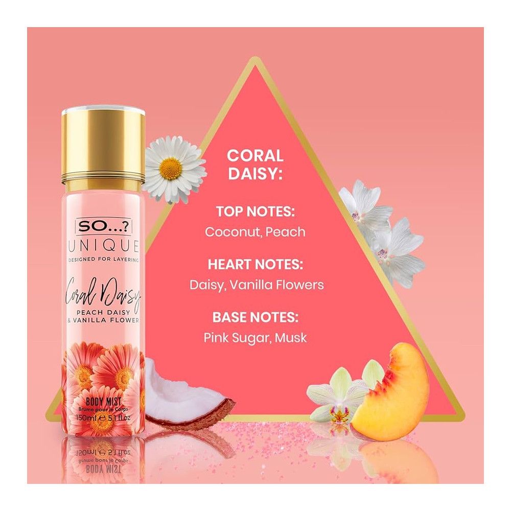 Körperspray mit goldener Kappe. Aufschrift: So...? Unique Coral Daisy. Daneben eine Grafik mit Duftnoten und Zutaten.