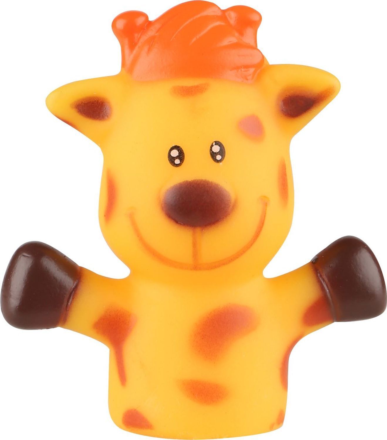 Gelbe Giraffen-Fingerpuppe mit braunen Flecken und Mähne. Gummi-Tierfigur mit schwarzem Gesicht.
