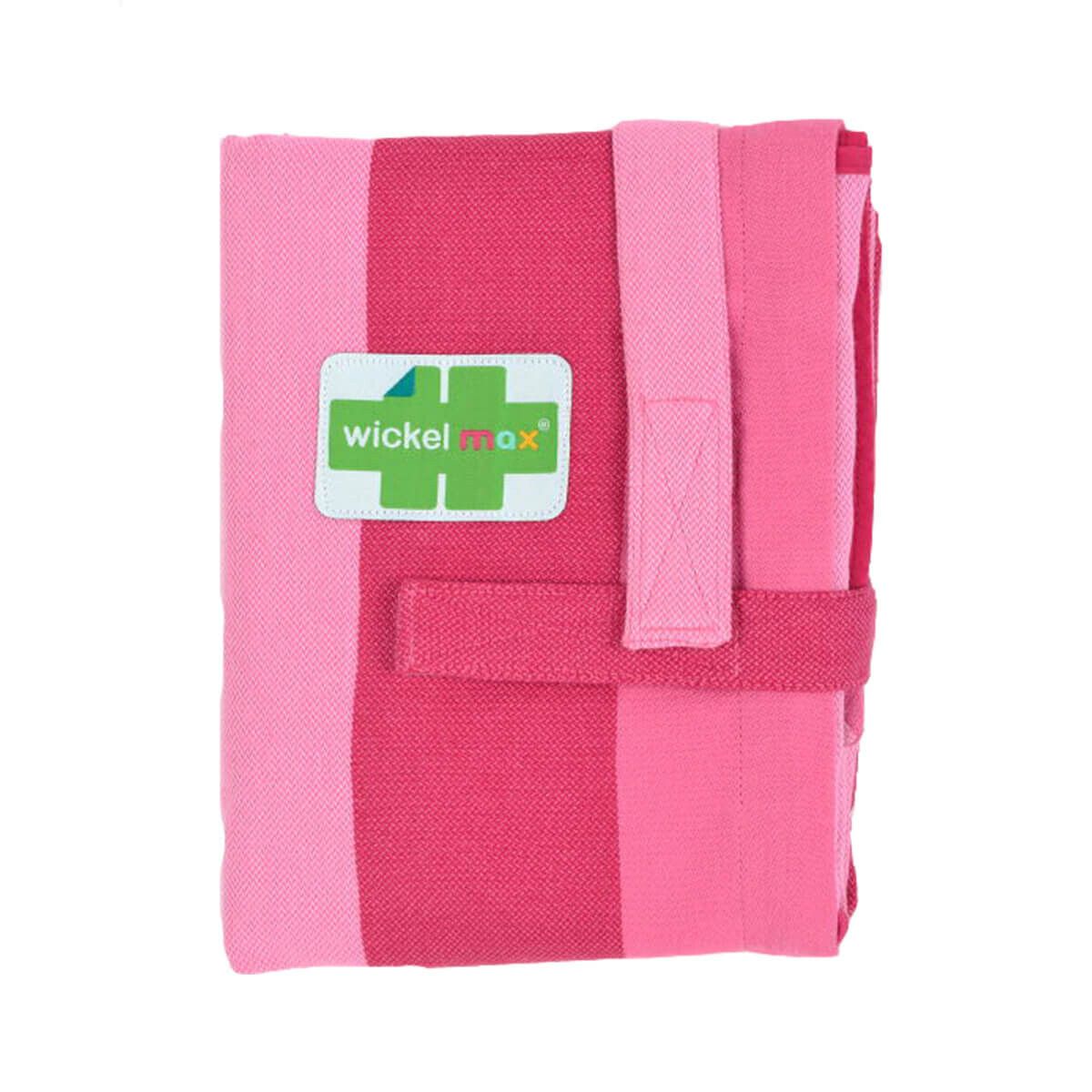 Wickelmax Windeltaschen Organizer. Rosa-gestreiftes Wickelzubehör, gefaltet. Mit Klettverschluss und Logo-Patch.