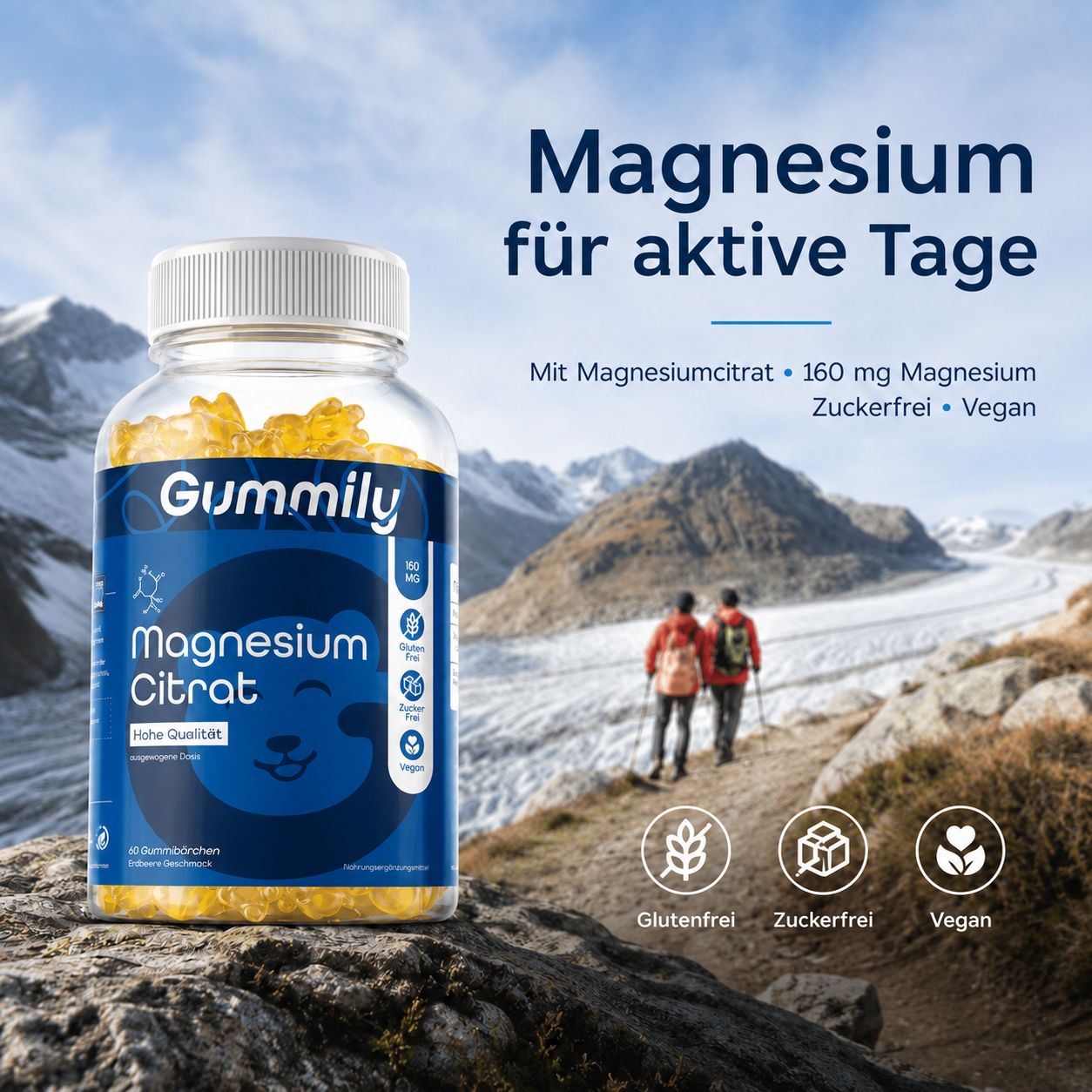 Gummily Magnesium Citrat Gummibärchen Flasche in Berglandschaft.