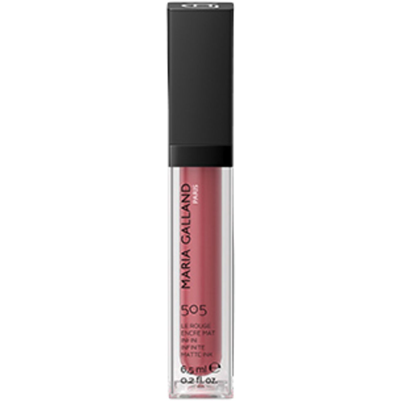 Maria Galland Paris Lippenstift. Rosa Farbton, schwarzer Deckel. Aufschrift: 505, Le Rouge Encre Mat Infini. 6,5 ml.