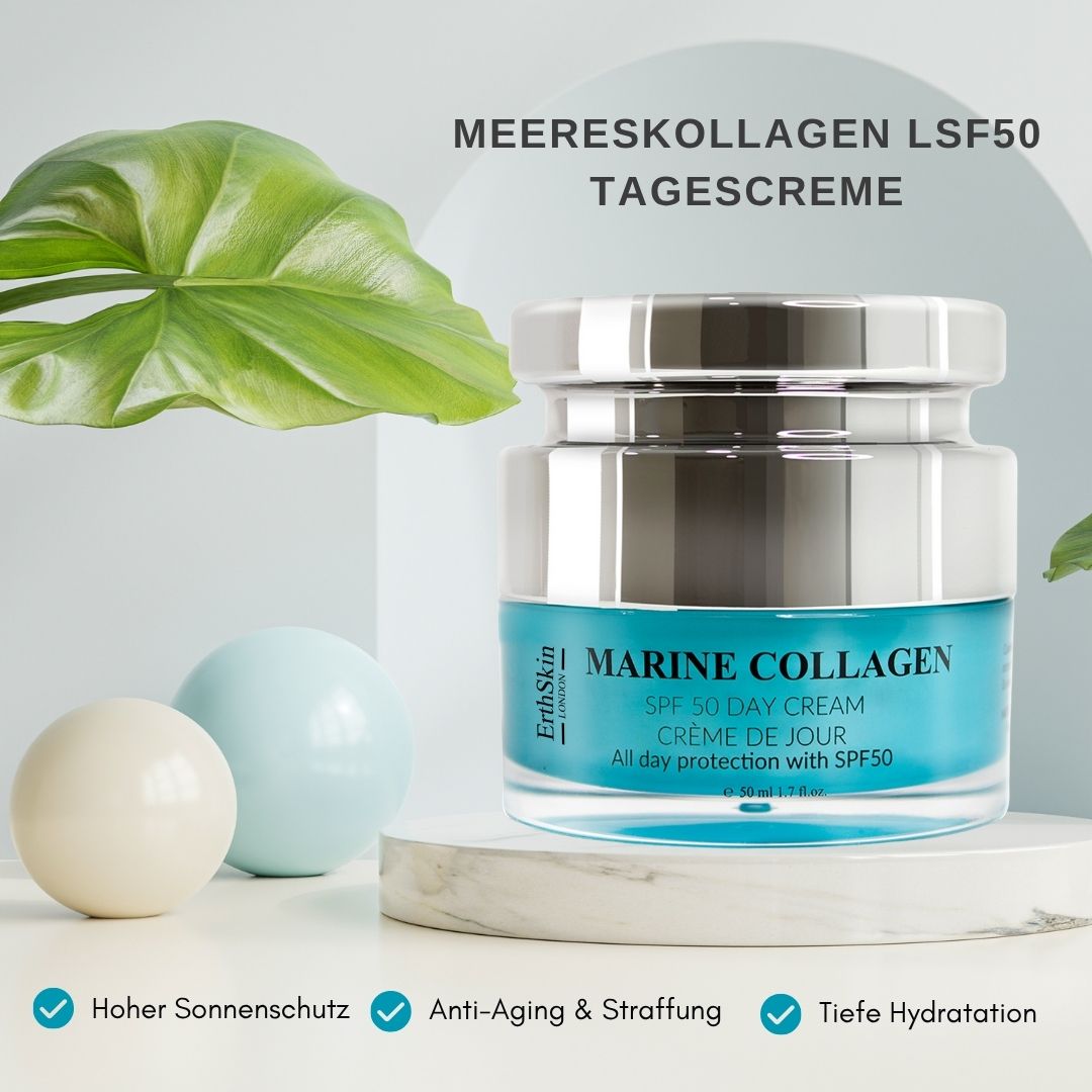 ErthSkin London Meereskollagen SPF50 Tagcreme. Auf Marmor, mit Blättern und Kugeln. Text: hoher Sonnenschutz, Anti-Aging.