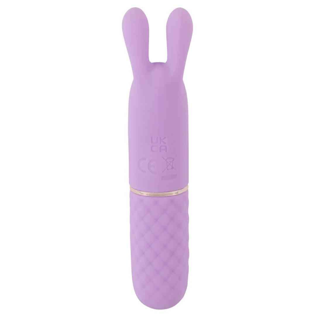 Lila Vibrator mit Hasenohren-Design. Geriffelte Basis, goldfarbener Ring. CE-Kennzeichnung und UK CA.