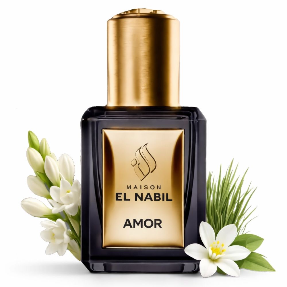 Schwarze Flasche mit goldener Kappe und Etikett. Aufschrift: EL NABIL, AMOR. Weiße Blüten und grünes Gras umgeben die Flasche.