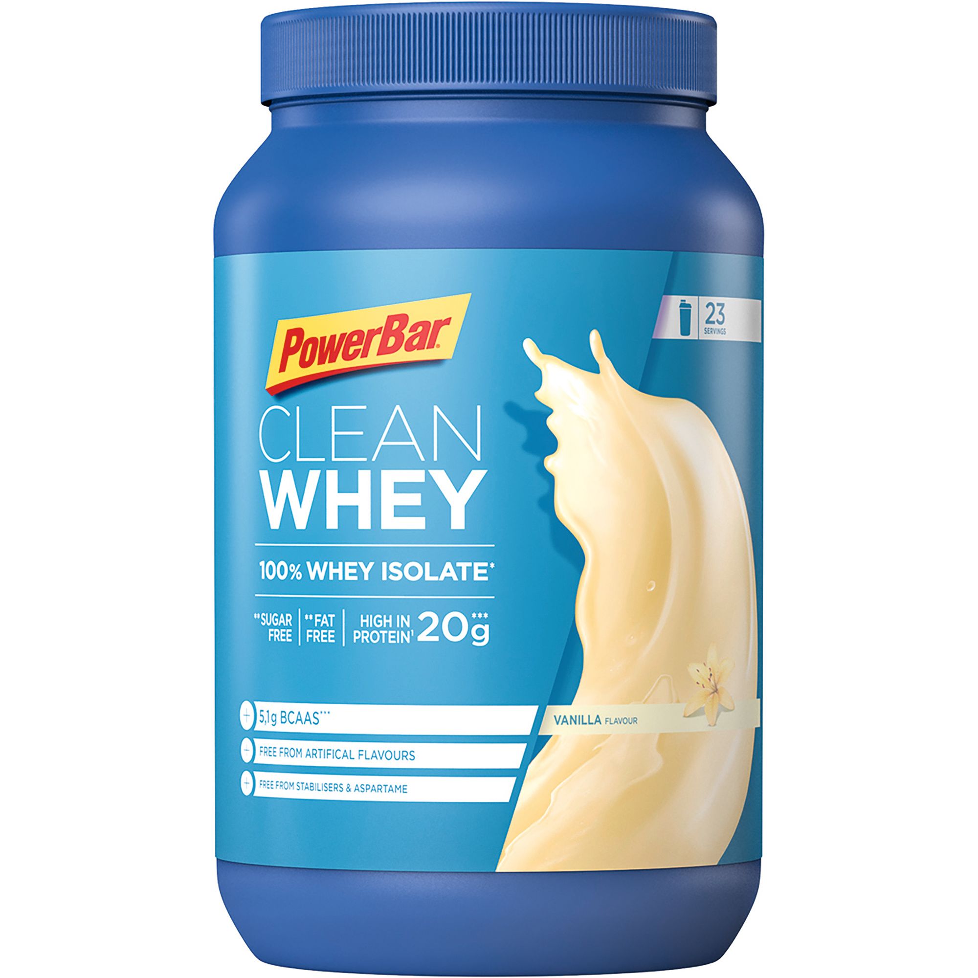 Blaue Dose mit PowerBar Clean Whey. Aufschrift: 100% Whey Isolate, 20g Protein, Vanille. 23 Portionen.