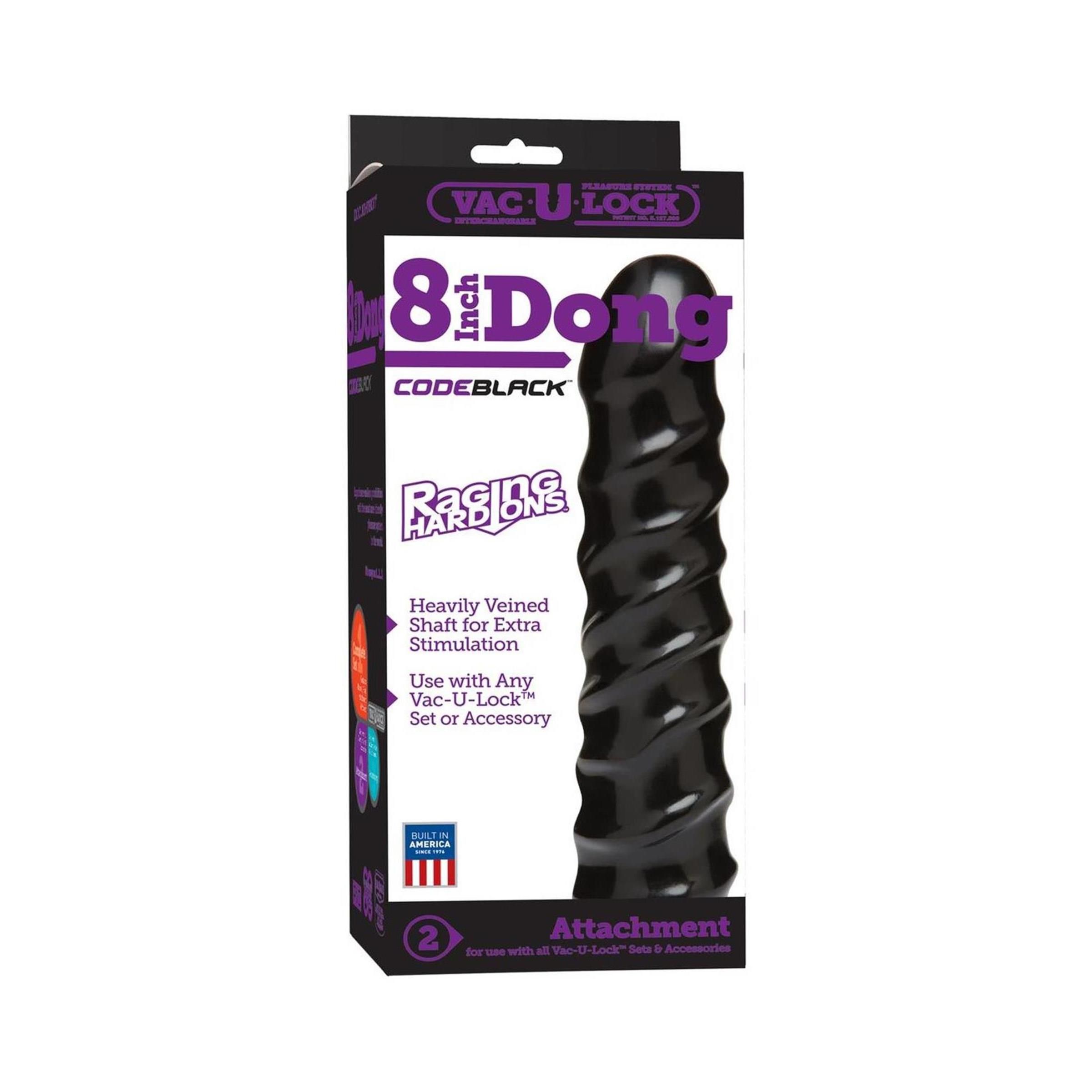 Schwarzer Dildo in Verpackung. Aufschrift: 8 Inch Dong, Code Black, Raging Hard. Mit Vac-U-Lock-System.