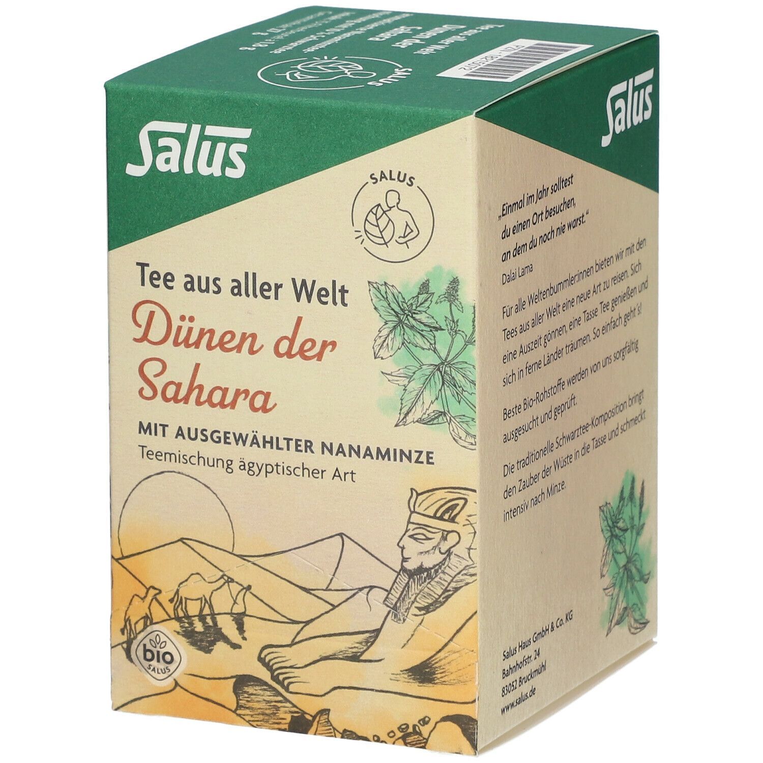 Karton Salus Dünen der Sahara Tee. Ansicht: Logo, Produktname, Illustration Wüste und Pharao, Bio-Siegel.